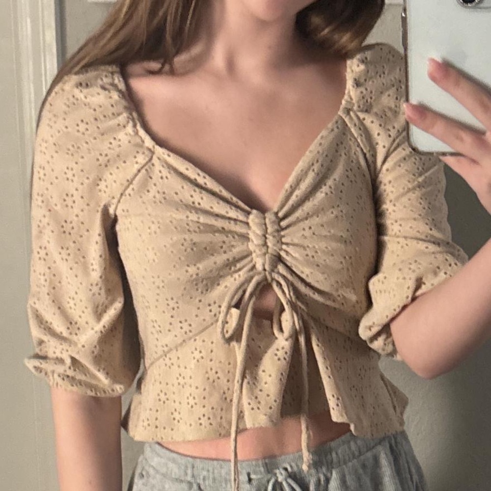 Urban Outfitters Romantics Brown Balloon Sleeve Boho Cropped Top Stretch Small